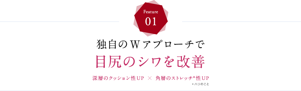 Feature01 独自のWアプローチで目尻のシワを改善 深層のクッション性UP×角層のストレッチ*性UP *ハリのこと