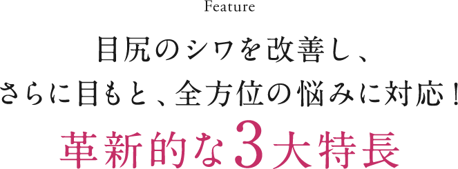 Feature 目尻のシワを改善し、さらに目もと、全方位の悩みに対応！革新的な3大特長