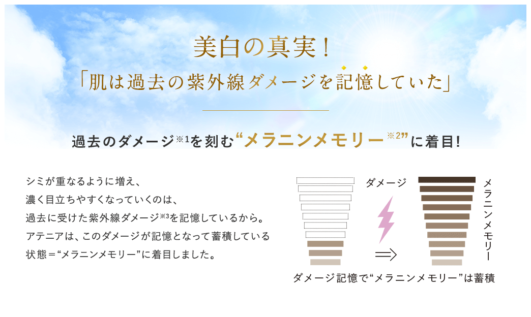 美白に新事実！「肌は過去の紫外線ダメージを記憶していた」：過去のダメージを刻む※1“メラニンメモリー※2”に着目！シミが重なるように増え、濃く目立ちやすくなっていくのは、過去に受けた紫外線ダメージ※3を記憶しているから。アテニアは、このダメージが記憶となって蓄積している状態＝“メラニンメモリー”に着目しました。