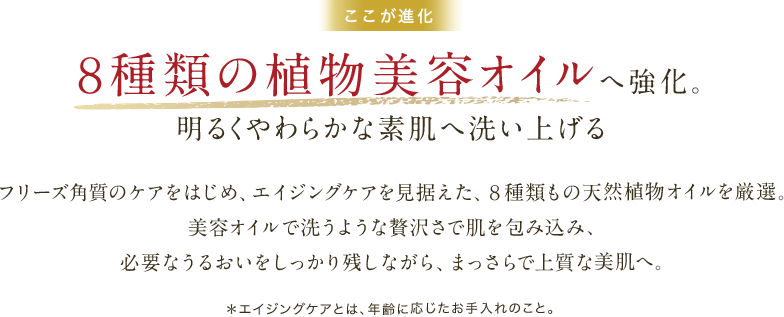 ここが進化　８種類の植物美容オイルへ強化。明るくやわらかな素肌へ洗い上げる　フリーズ角質のケアをはじめ、エイジングケアを見据えた、８種類もの天然植物オイルを厳選。美容オイルで洗うような贅沢さで肌を包み込み、必要なうるおいをしっかり残しながら、まっさらで上質な美肌へ。