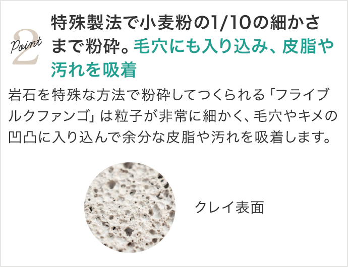 特殊製法で小麦粉の1/10の細かさまで粉砕。毛穴にも入り込み、皮脂や汚れを吸着
