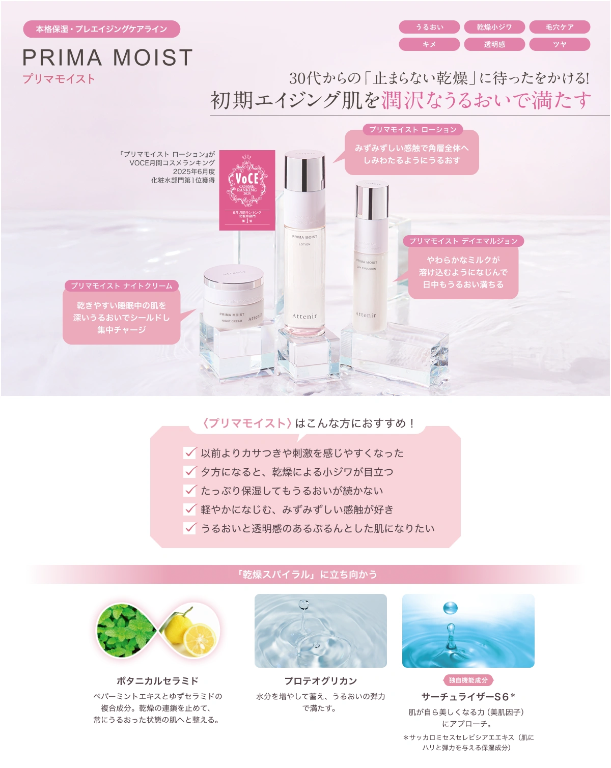 本格保湿・プレエイジングケアライン プリマモイスト 30代からの「止まらない乾燥」に待ったをかける! 初期エイジング肌を潤沢なうるおいで満たす