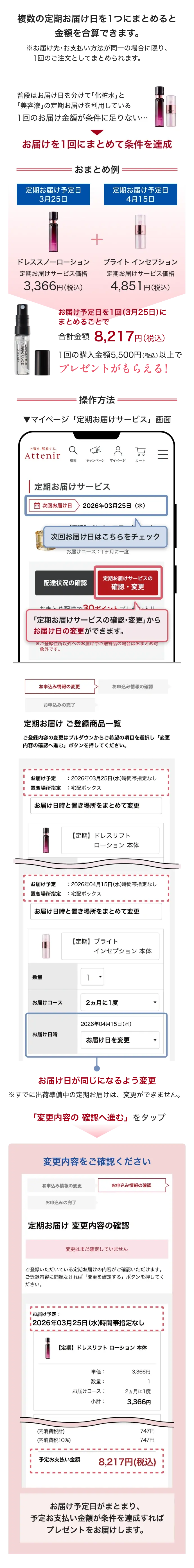 定期お届け日を1回にまとめてプレゼント条件を達成したい