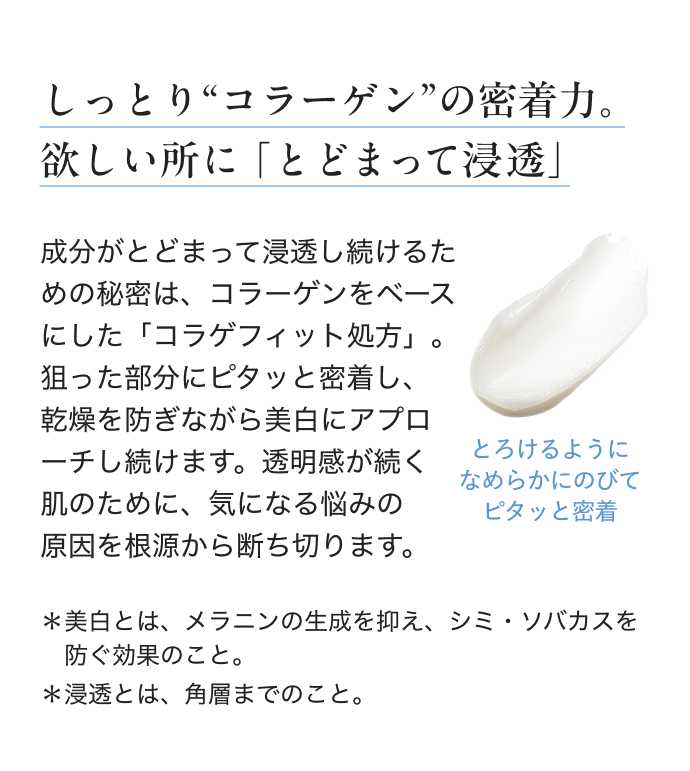 しっとり“コラーゲン”の密着力。欲しい所に「とどまる美白」