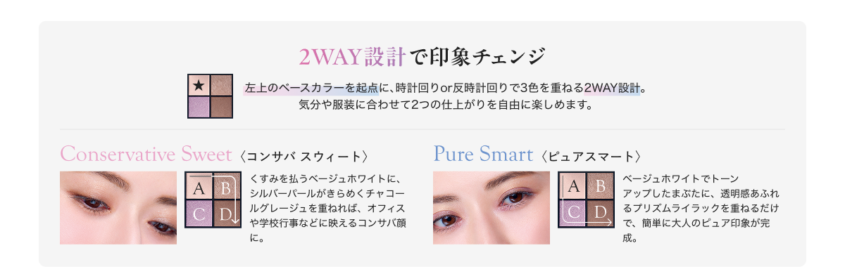 2WAY設計で印象チェンジ 左上のベースカラーを起点に、時計回りor反時計回りで3色を重ねる2WAY設計。 気分や服装に合わせて2つの仕上がりを自由に楽しめます。