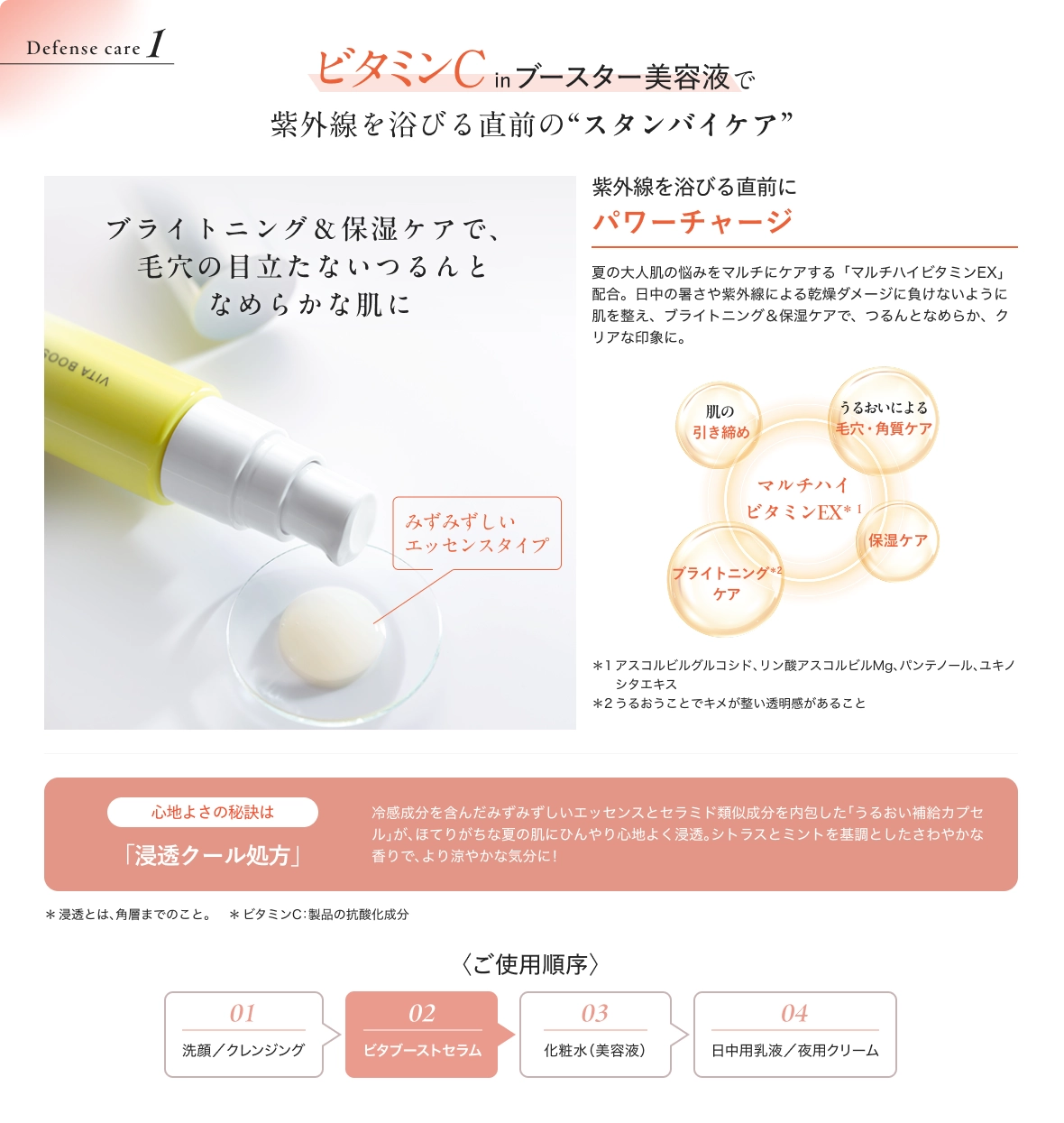 Defense care I ビタミンCinブースター美容液で紫外線を浴びる直前の“スタンバイケア”