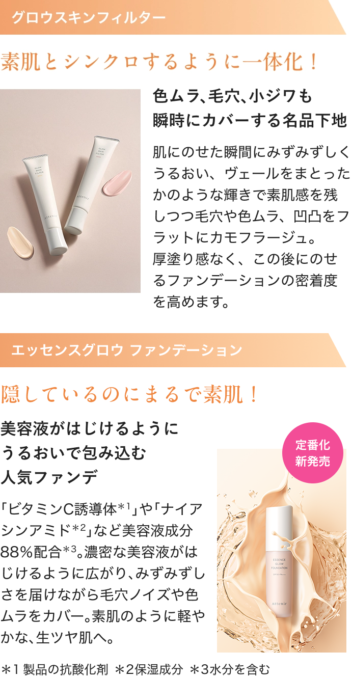 グロウスキンフィルター 素肌とシンクロするように一体化！ エッセンスグロウ ファンデーション 隠しているのにまるで素肌！