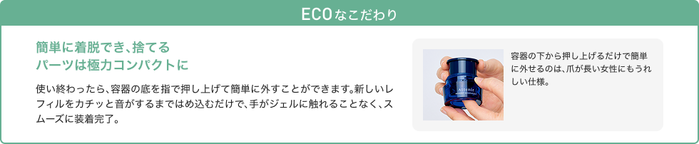 ECO なこだわり 簡単に着脱でき、捨てるパーツは極力コンパクトに