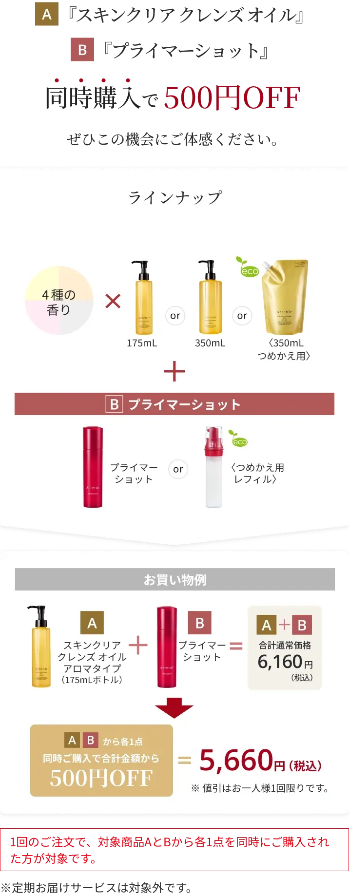 A『スキンクリアクレンズオイル』B『プライマーショット』 同時購入で500円OFF ぜひこの機会にご体感ください。