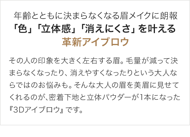 独自開発の《密着下地》とこだわりの《立体パウダー》で実現。“立体的なふんわり眉”が落ちない。消えない。
