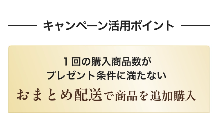 キャンペーン活用ポイント １回の購入商品数がプレゼント条件に満たない おまとめ配送で商品を追加購入