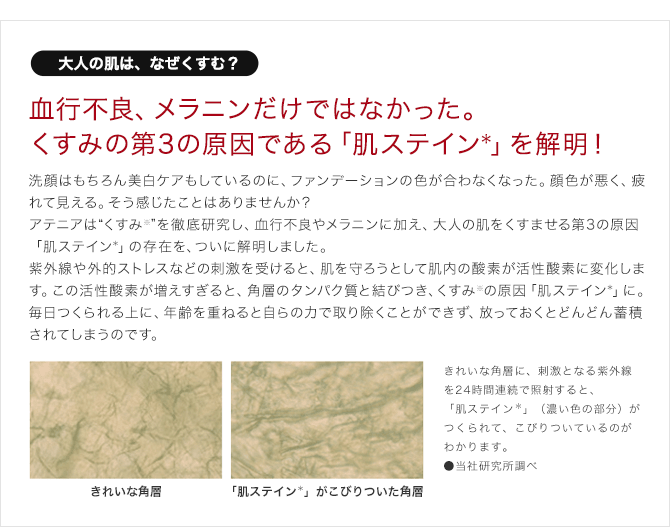 大人の肌は、なぜくすむ？血行不良、メラニンだけではなかった。くすみの第3の原因である「肌ステイン」を解明！