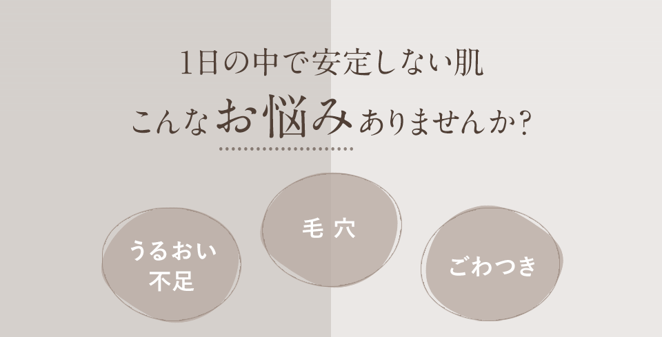 １日の中で安定しない肌　こんなお悩みありませんか？　うるおい不足　毛穴　ごわつき