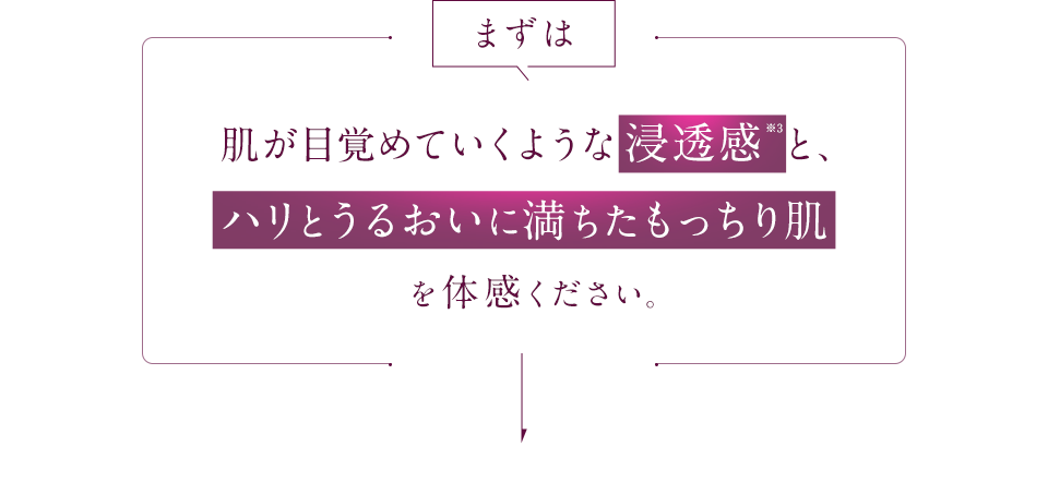 まずは肌が目覚めていくような浸透感と、ハリとうるおいに満ちたもっちり肌を体感ください。