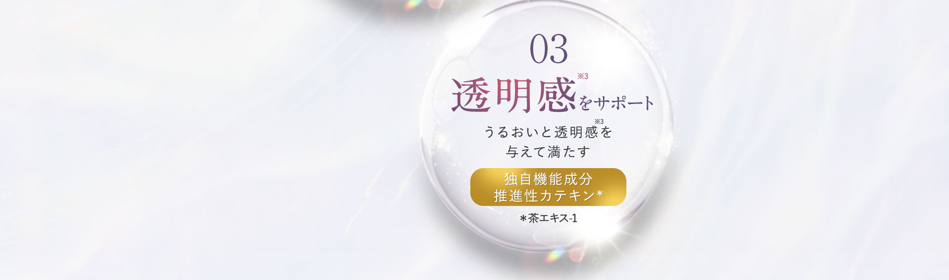 03 透明感をサポート うるおいと透明感を与えて満たす 独自機能性分 推進性カテキン