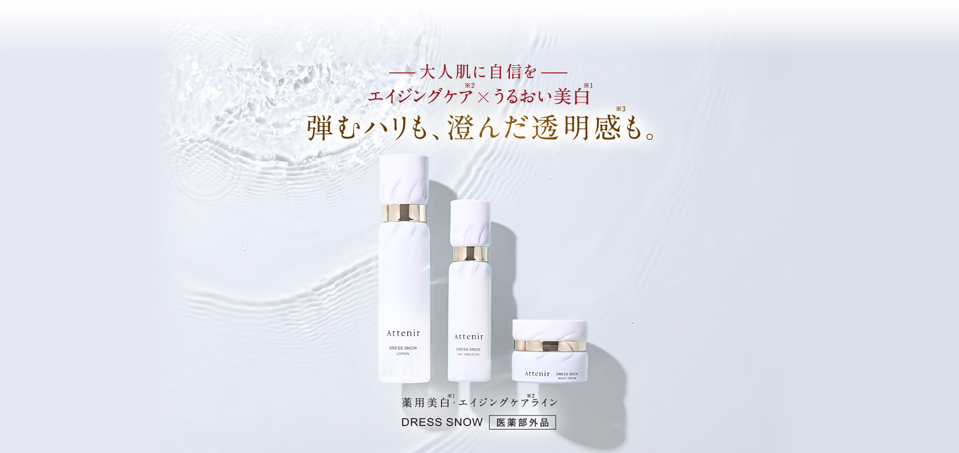 大人設計の美白とシワ改善。新雪のような透明ハリ肌へ 薬用美白・エイジングケアライン ドレススノー