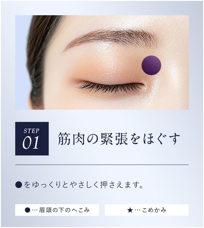 【STEP01：筋肉の緊張をほぐす】●をゆっくりとやさしく押さえます。