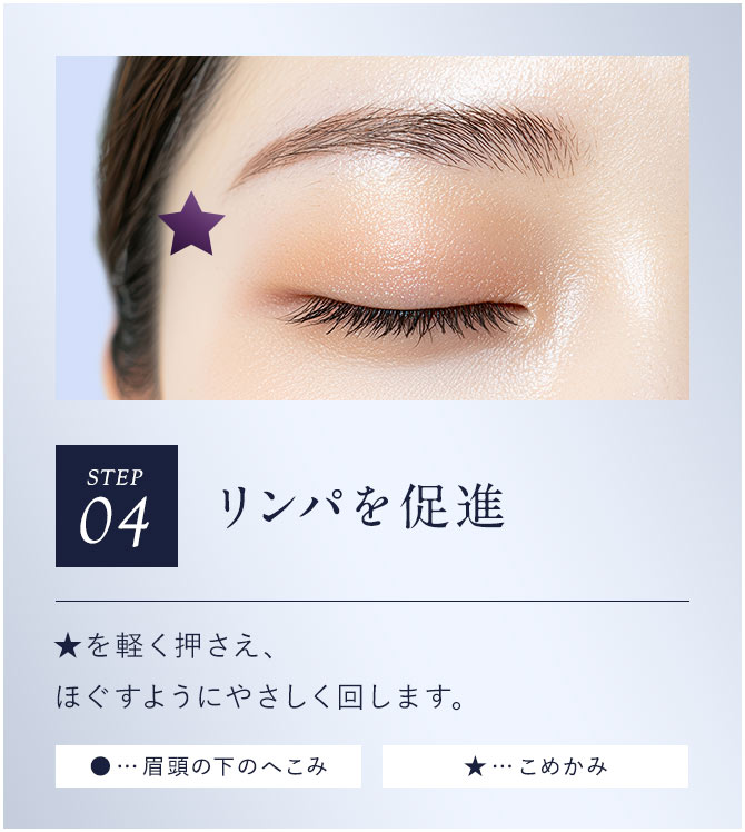 【STEP04：リンパを促進】★を軽く押さえ、ほぐすようにやさしく回します。