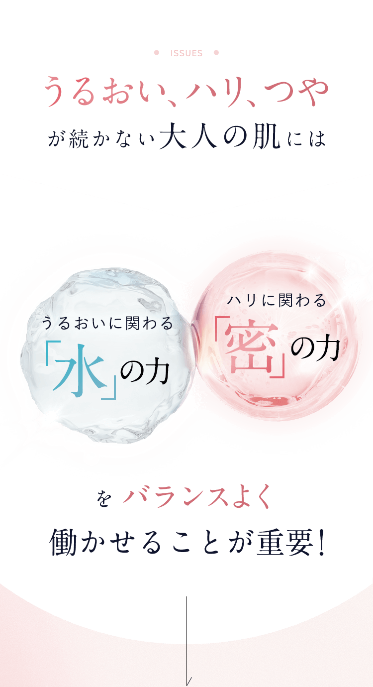 【うるおい、ハリ、つやが続かない大人の肌には】うるおいに関わる「水」の力・ハリに関わる「密」の力をバランスよく働かせることが重要!