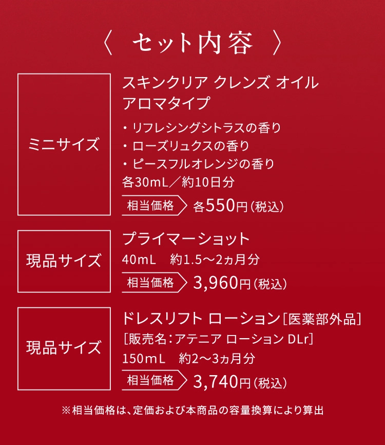 ＜セット内容＞　ミニサイズ スキンクリアクレンズオイル アロマタイプ ・リフレシングシトラスの香り・ローズリュクスの香り・ピースフルオレンジの香り 各30mL／約10日分 相当価格各550円（税込）　現品サイズ プライマーショット 40mL約1.5～2ヵ月分 相当価格3,960円（税込）　現品サイズ ドレスリフトローション［医薬部外品］［販売名：アテニアローションDLr］現品サイズ150mL 約2～3ヵ月分 相当価格3,740円（税込）※相当価格は、定価および本商品の容量換算により算出