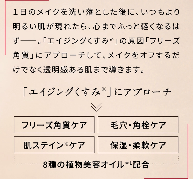 １日のメイクを洗い落とした後に、いつもより明るい肌が現れたら、心までふっと軽くなるはず─。「エイジングくすみ※」の原因「フリーズ角質」にアプローチして、メイクをオフするだけでなく透明感ある肌まで導きます。「エイジングくすみ※」にアプローチ フリーズ角質ケア 毛穴・角栓ケア 肌ステイン※ケア 保湿・柔軟ケア 8種の植物美容オイル＊1配合