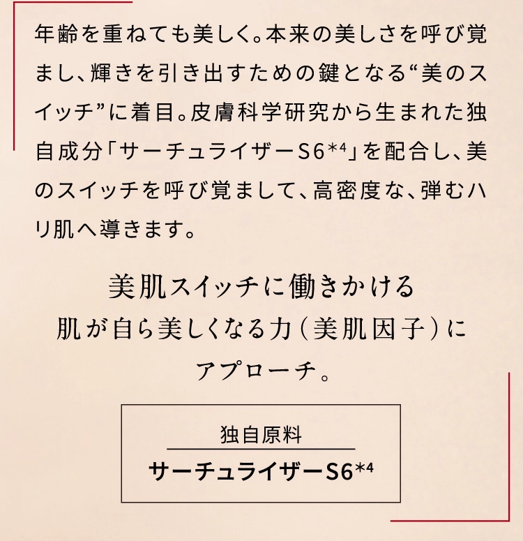 年齢を重ねても美しく。本来の美しさを呼び覚まし、輝きを引き出すための鍵となる“美のスイッチ”に着目。皮膚科学研究から生まれた独自成分「サーチュライザーS6＊4」を配合し、美のスイッチを呼び覚まして、高密度な、弾むハリ肌へ導きます。美肌スイッチに働きかける肌が自ら美しくなる力（美肌因子）にアプローチ。独自原料 サーチュライザーS6＊4