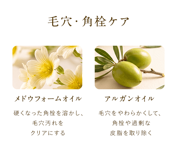 毛穴・角栓ケア「メドウフォームオイル」硬くなった角栓を溶かし、毛穴汚れをクリアにする「アルガンオイル」毛穴をやわらかくして、角栓や過剰な皮脂を取り除く