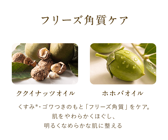 フリーズ角質ケア「ククイナッツオイル」「ホホバオイル」くすみ＊・ゴワつきのもと「フリーズ角質」をケア。肌をやわらかくほぐし、明るくなめらかな肌に整える