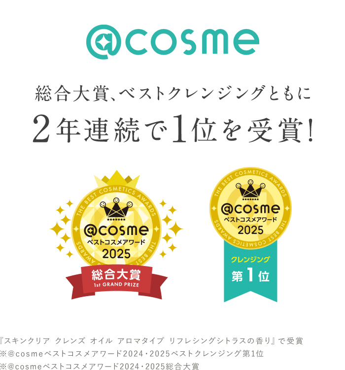 ＠COSME総合大賞、ベストクレンジングともに2年連続で1位を受賞！