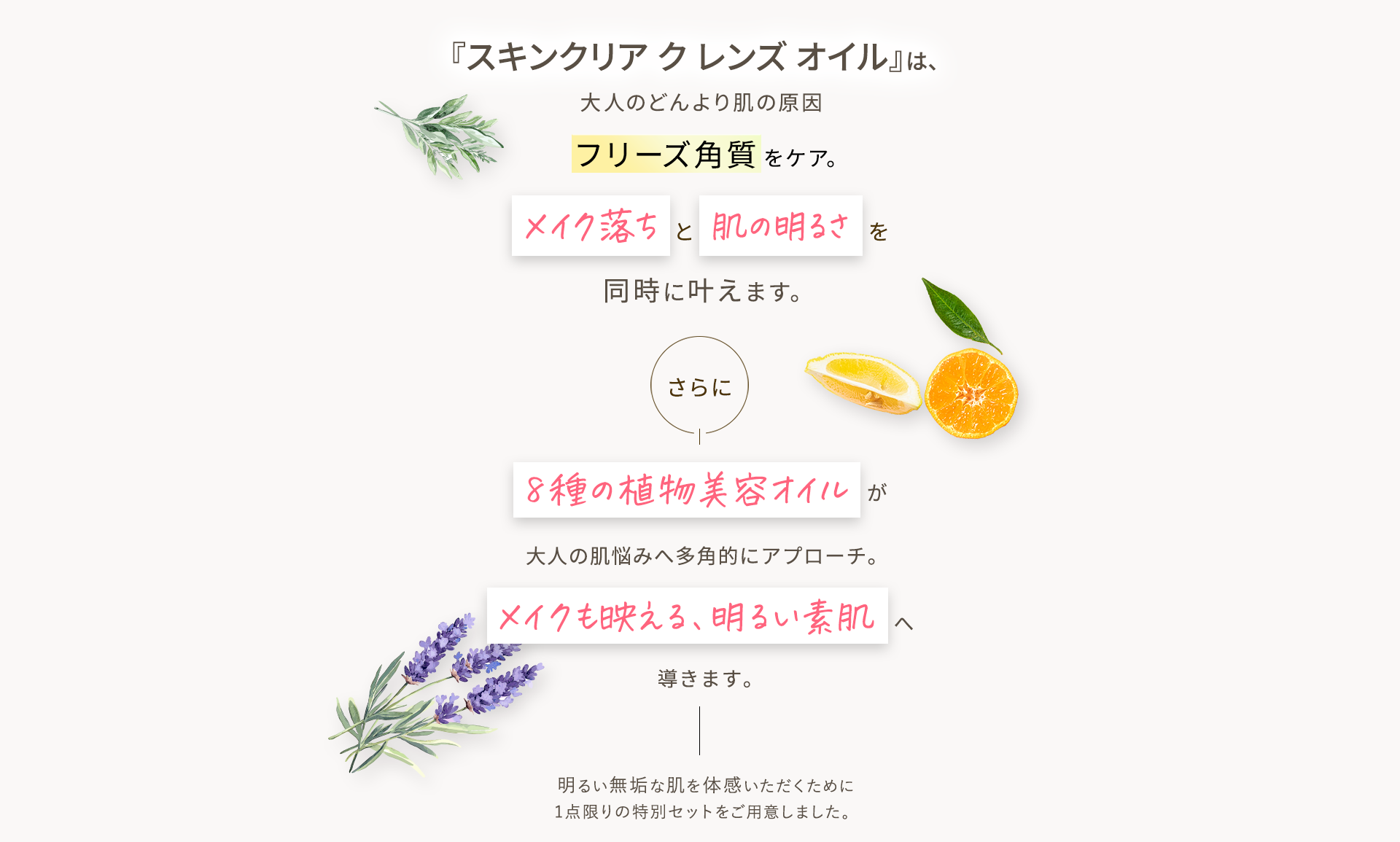 『スキンクリア クレンズ オイル 』は、大人のどんより肌の原因フリーズ角質 をケア。メイク落ち と 肌の明るさ を同時に叶えます。