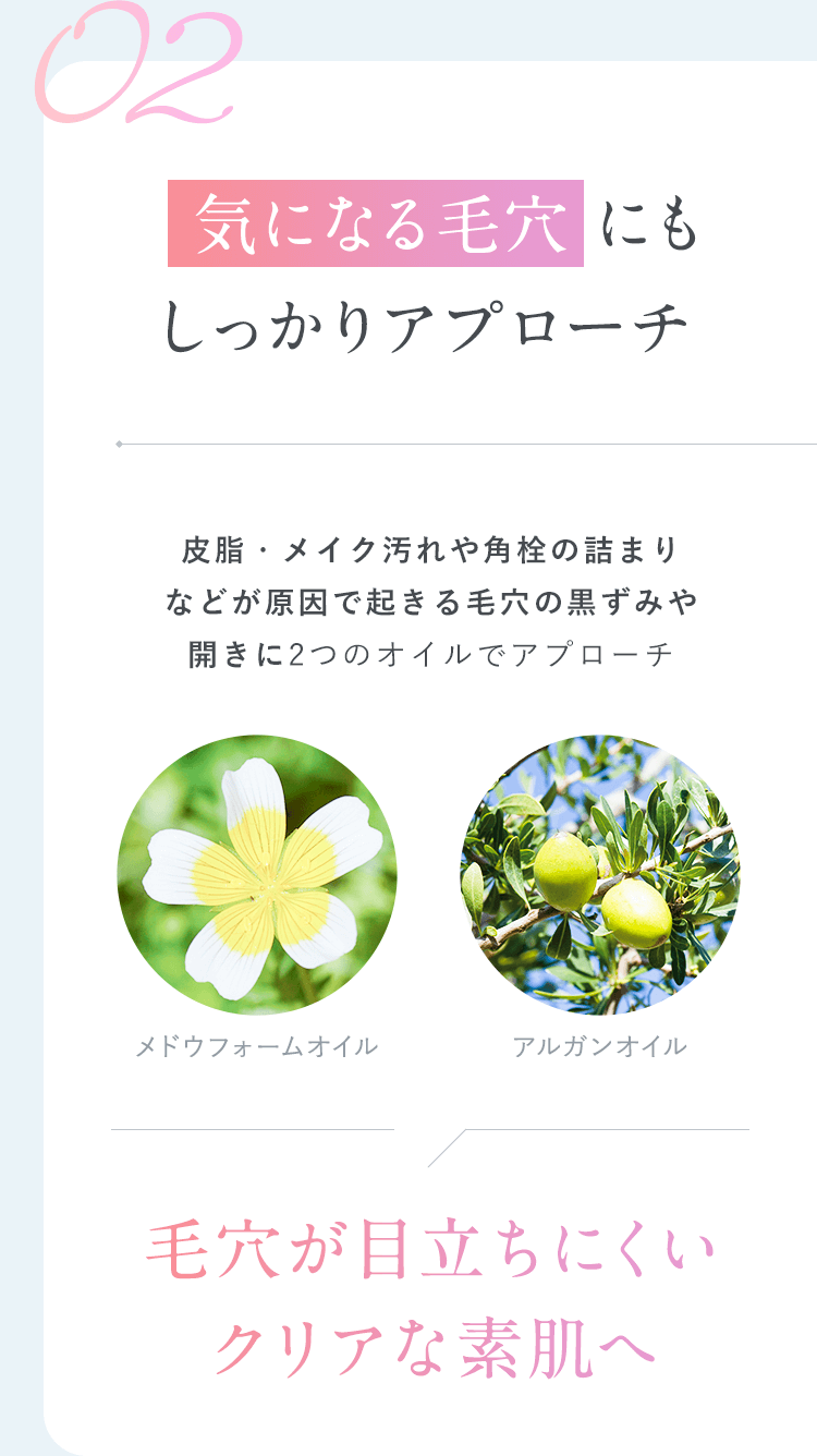 【02.気になる毛穴にもしっかりアプローチ】皮脂・メイク汚れや角栓の詰まりなどが原因で起きる毛穴の黒ずみや開きに 2つのオイルでアプローチ「メドウフォームオイル」「アルガンオイル」 毛穴が目立ちにくいクリアな素肌へ