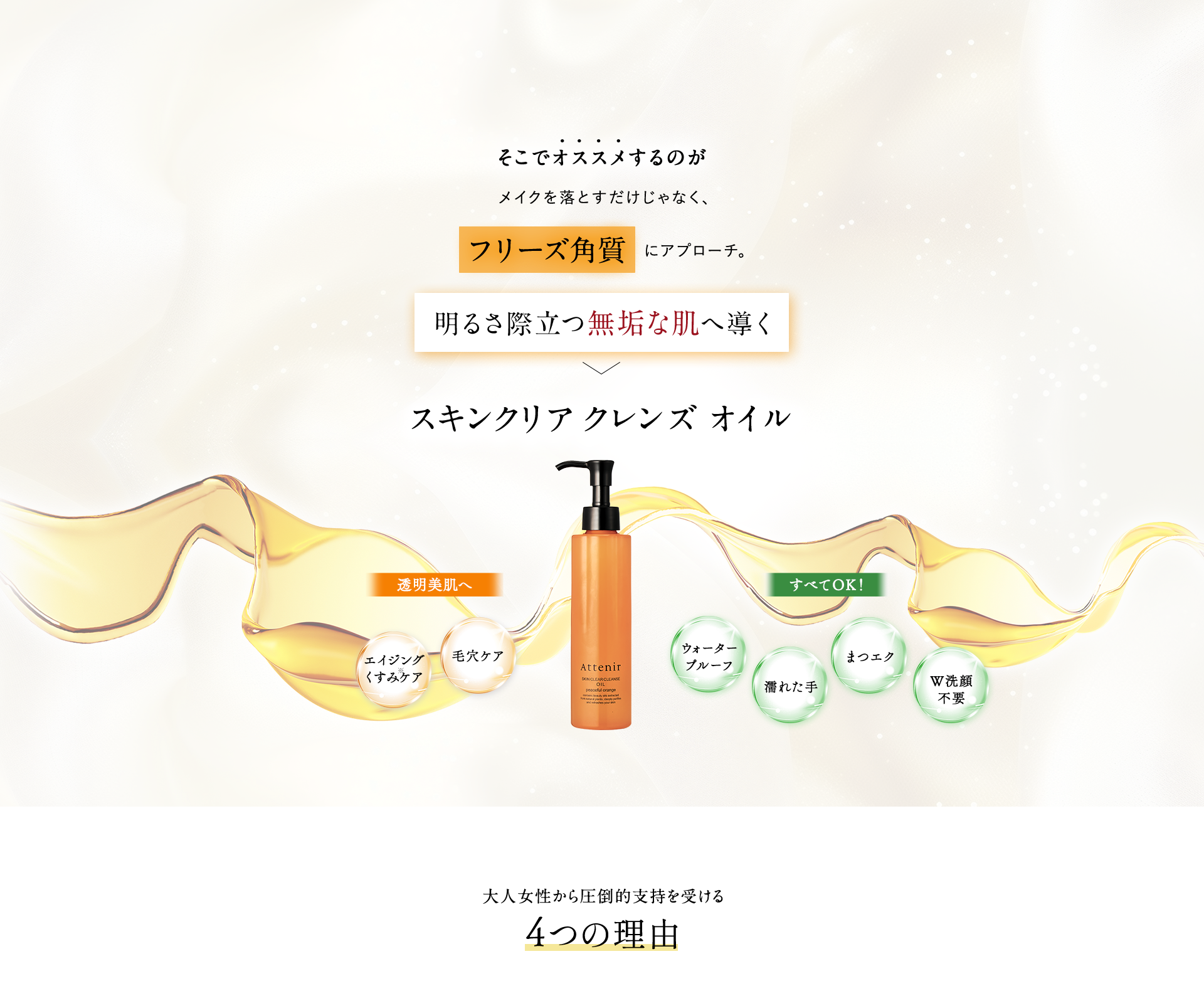 そこでオススメするのがメイクを落とすだけじゃなく、フリーズ角質にアプローチ。明るさ際立つ無垢な肌へ導くスキンクリア クレンズ オイル 大人女性から圧倒的支持を受ける4つの理由