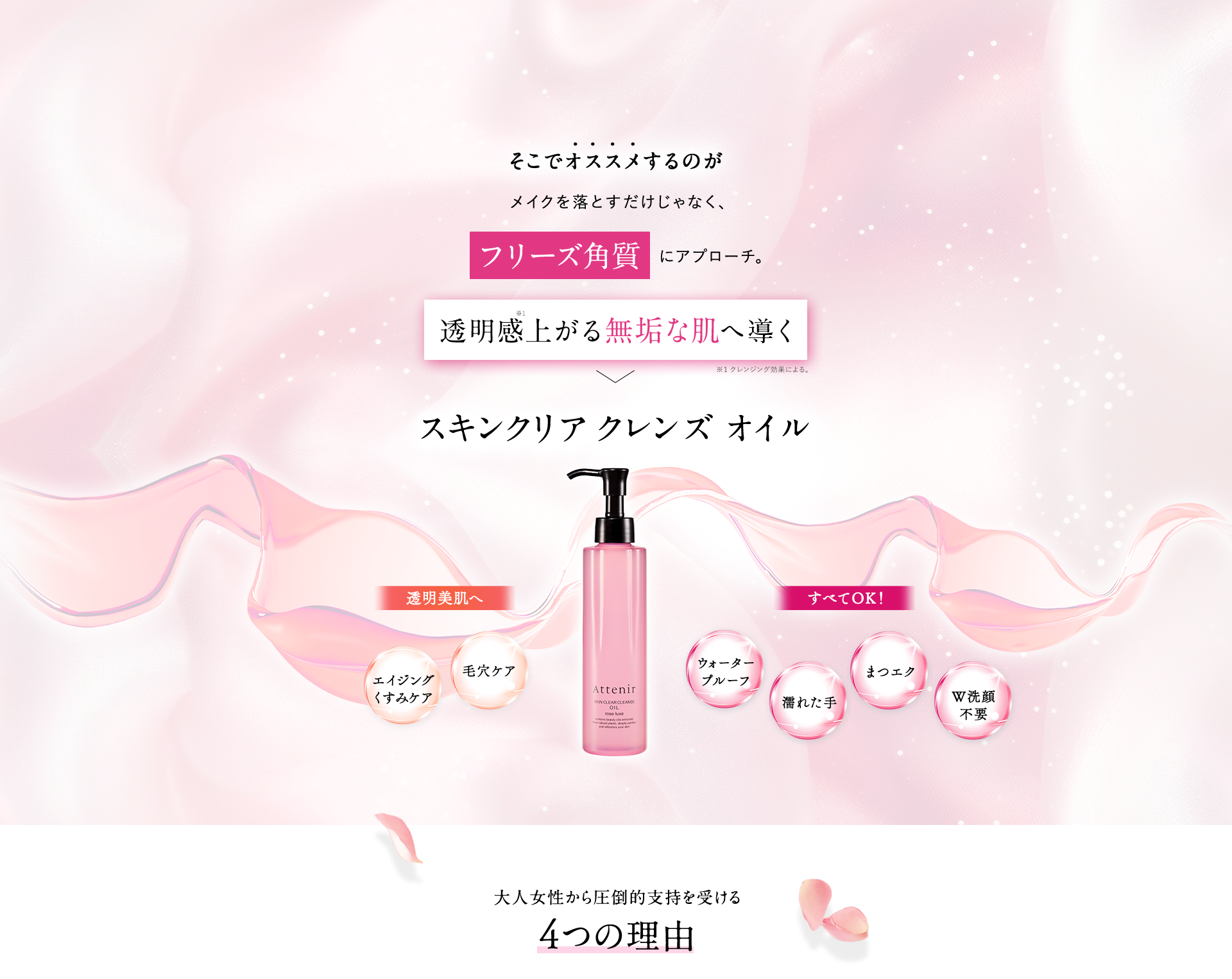 そこでオススメするのがメイクを落とすだけじゃなく、フリーズ角質にアプローチ。明るさ際立つ無垢な肌へ導くスキンクリア クレンズ オイル 大人女性から圧倒的支持を受ける4つの理由