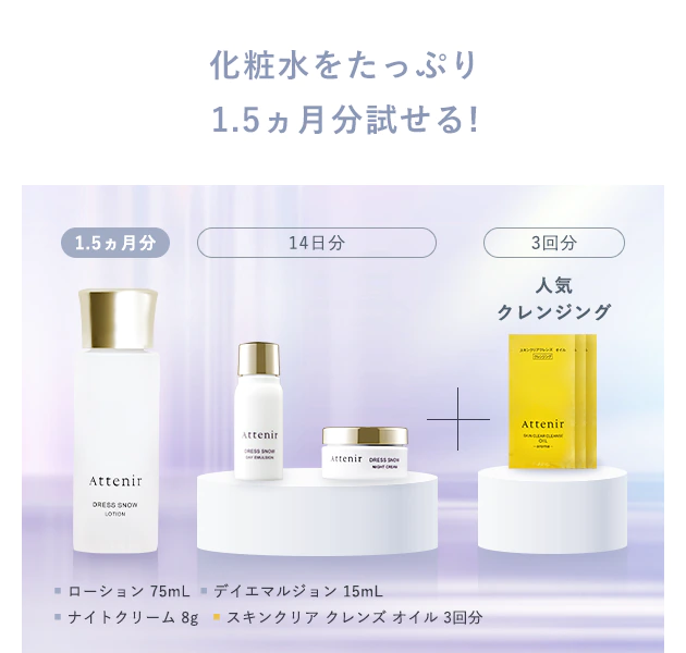 化粧水をたっぷり1.5ヵ月分試せる!【1.5ヵ月分】【14日分】＋【3回分：人気クレンジング】■ ローション 75mL  ■ デイエマルジョン 15mL　■ ナイトクリーム 8g   ■  スキンクリア クレンズ オイル 3回分