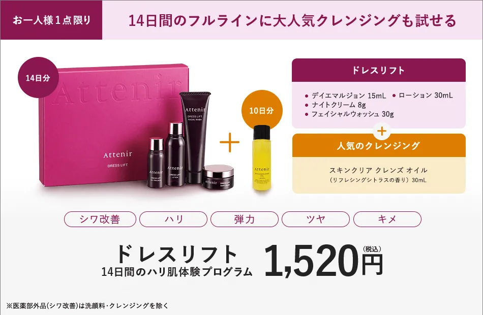 お一人様1点限り 14日間のフルラインに大人気クレンジングも試せる。ドレスリフト（デイエマルジョン15mL、ローション30mL、ナイトクリーム8g、フェイシャルウォッシュ30g）14日分＋スキンクリア クレンズ オイル（リフレッシングシトラスの香り）30mL 10日分。シワ改善、ハリ、弾力、ツヤ、キメ。ドレスリフト 14日間のハリ肌体験プログラム 1,520円（税込）
