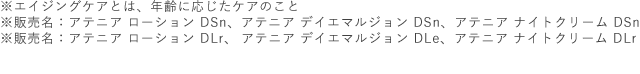 ※エイジングケアとは、年齢に応じたケアのこと ※販売名：アテニア ローション DSn、アテニア デイエマルジョン DSn、アテニア ナイトクリーム DSn ※販売名：アテニア ローション DLr、アテニア デイエマルジョン DLe、アテニア ナイトクリーム DLr