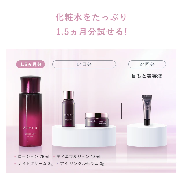 化粧水をたっぷり1.5ヵ月分試せる!【1.5ヵ月分】【14日分】＋【24回分：目もと美容液】■ ローション 75mL  ■ デイエマルジョン 15mL　■ ナイトクリーム 8g   ■ アイ リンクルセラム 3g
