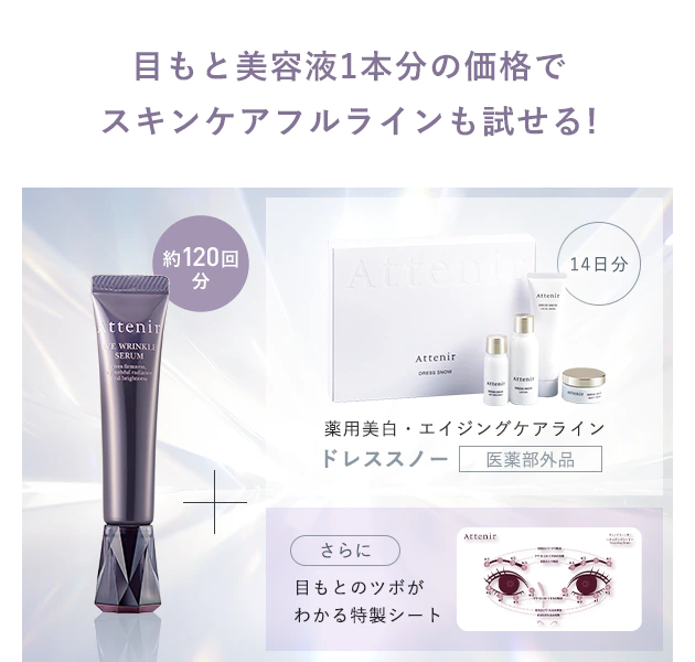 目もと美容液1本分の価格でスキンケアフルラインも試せる!【約120回分】＋【14日分：薬用美白・エイジングケアライン ドレススノー[医薬部外品]】さらに目もとのツボがわかる特製シート