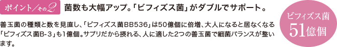 ポイントその2 菌数も大幅アップ。「ビフィズス菌」がダブルでサポート。