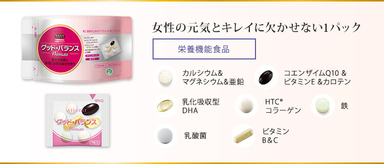 女性の元気とキレイに欠かせない1パック。・乳酸菌・DHA・ビタミンB&C・HTC(R)コラーゲン・鉄・コエンザイムQ10&ビタミンE&カロテン・カルシウム&マグネシウム&亜鉛