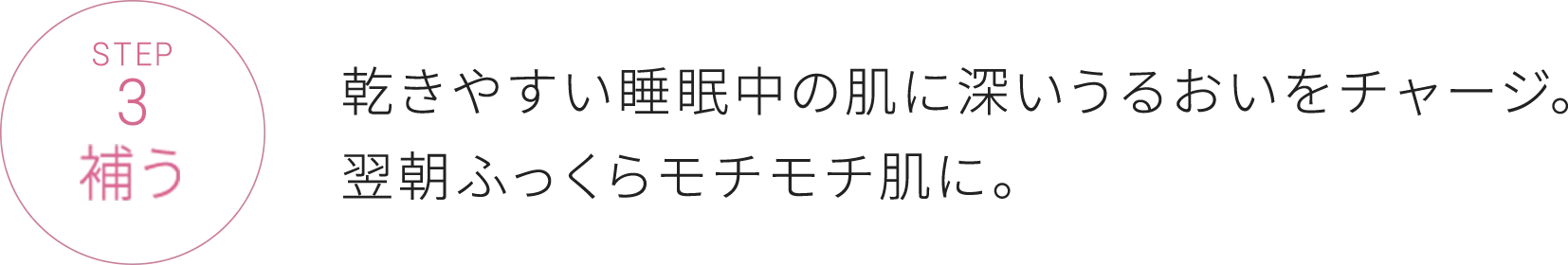 STEP3 補う 乾きやすい睡眠中の肌に深いうるおいをチャージ。翌朝ふっくらモチモチ肌に。