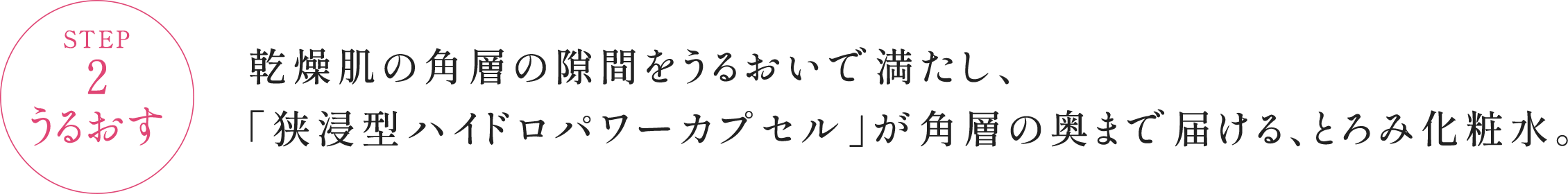 STEP2 うるおす 乾燥肌の角層の隙間をうるおいで満たし、「狭浸型ハイドロパワーカプセル」が角層の奥まで届ける、とろみ化粧水。